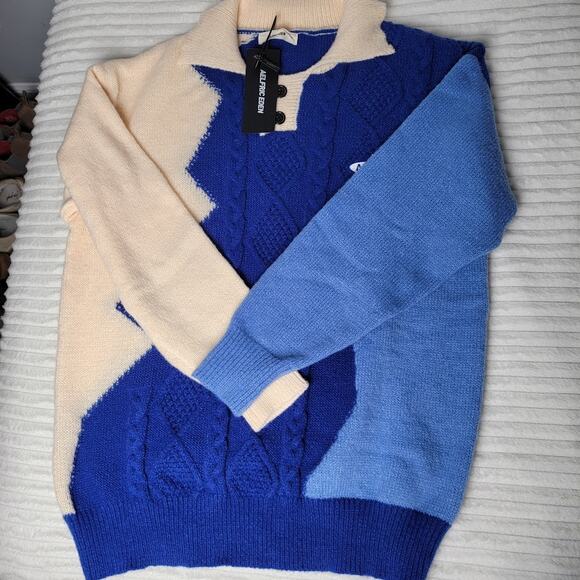 Aelfric Eden Colorblock Sweater Men's XL Blue Cream Chunky Knit Indie Streetwear - Picture 2 of 10